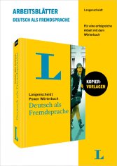 Umschlag eines Arbeitsbuchs für die deutsche Sprache mit dem Titel Langenscheidt Power Wörterbuch Deutsch als Fremdsprache, mit einem gelben und blauen Design mit einem Buch und einer Person im Hintergrund.