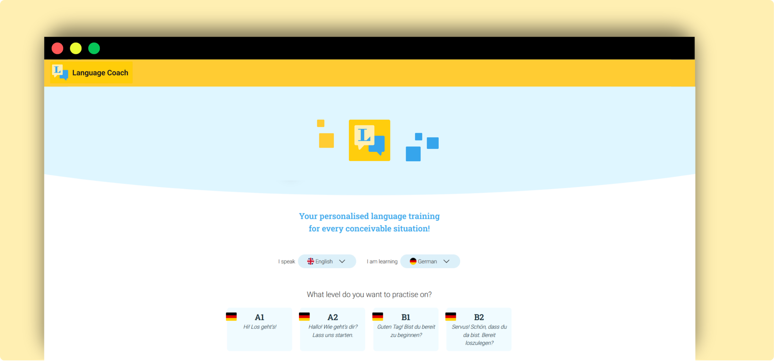 Screenshot einer Sprachlern-Website mit Optionen zur Auswahl des Sprachniveaus und zum Üben von Deutsch, mit einer hellen, minimalistischen Oberfläche und Flaggensymbolen für Englisch und Deutsch.