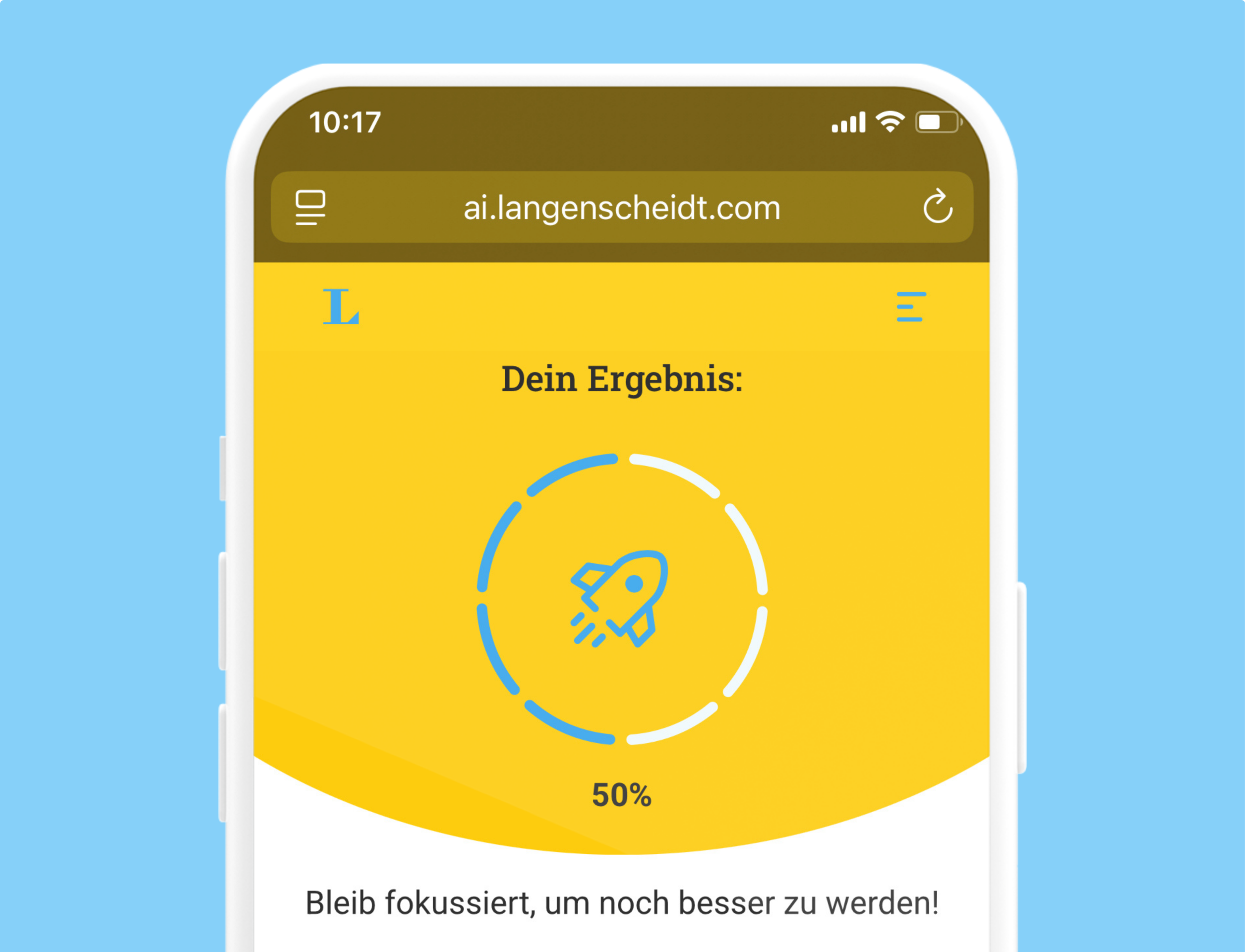Smartphone-Bildschirm mit einer Webseite, auf der ein Raketensymbol in einem Kreis, Dein Ergebnis: und 50 % angezeigt werden, was auf ein Ergebnis oder einen Fortschritt hinweist.