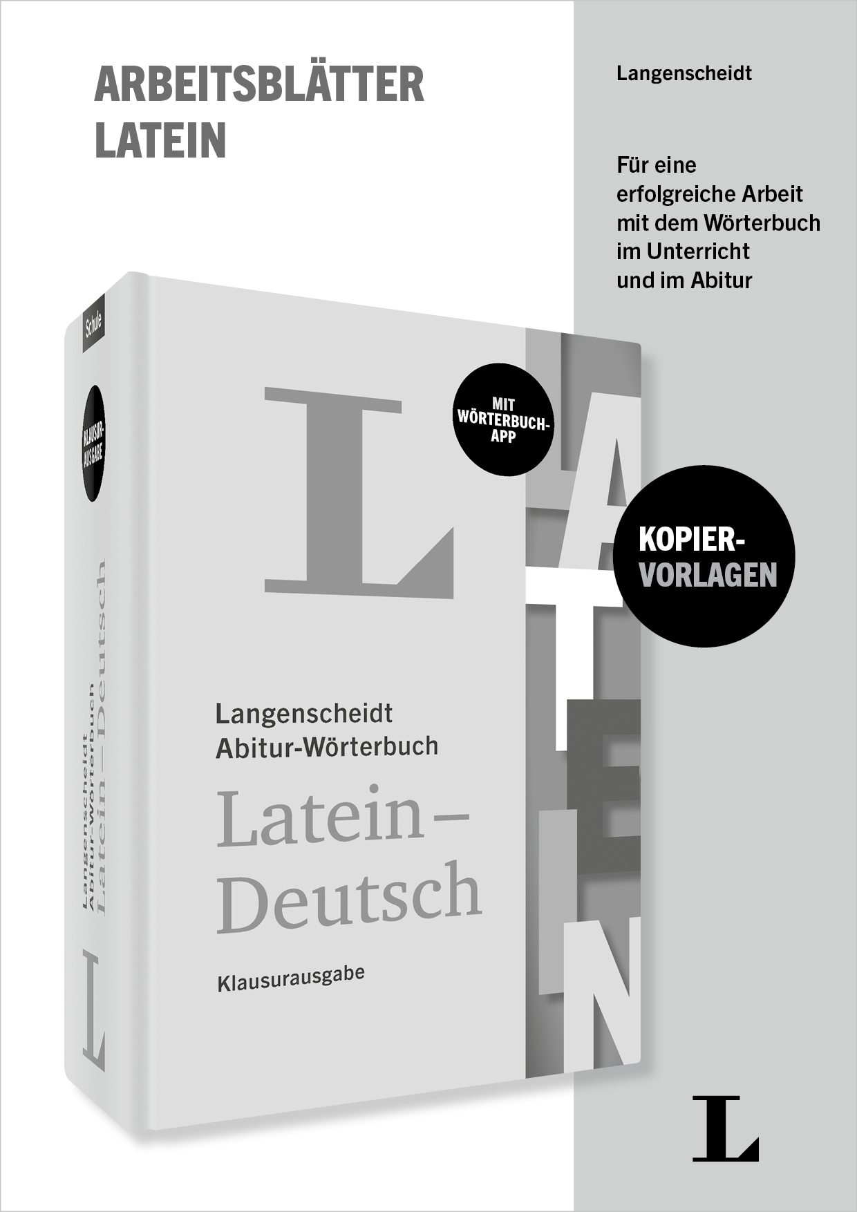 Umschlag eines deutsch-lateinischen Arbeitsbuchs mit einem Langenscheidt Latein-Deutsch-Wörterbuch, mit Text zu Arbeitsblättern und Ressourcen für die Prüfungsvorbereitung.